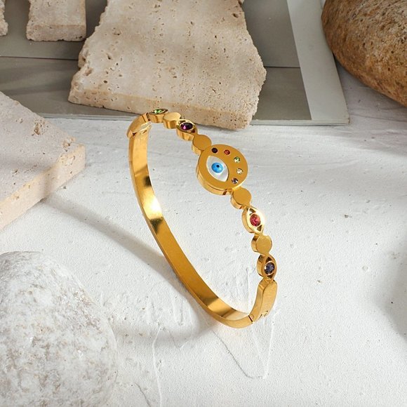 Evil Eye Bracelet, Protection Birthstone Bracelet, Gold Bangle Cuff Bracelet - Picture 3 of 10